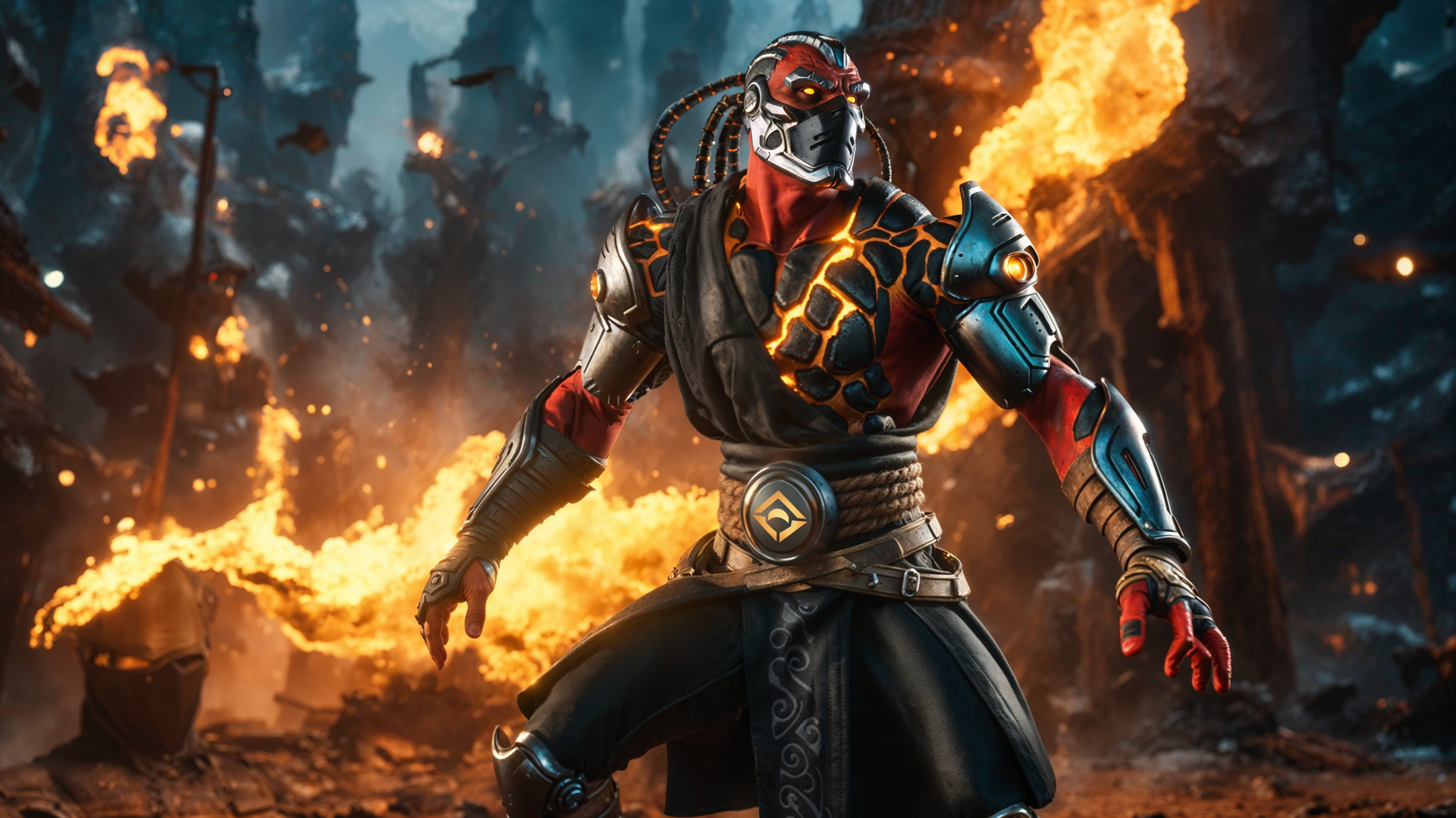 A rendered shot of the Spyte Usurper character with fire in the background